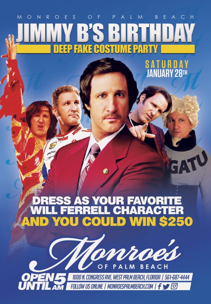 Jimmy B's Will Ferrel Deep Fake Costume Party Jan28th at Monroe's Palm Beach