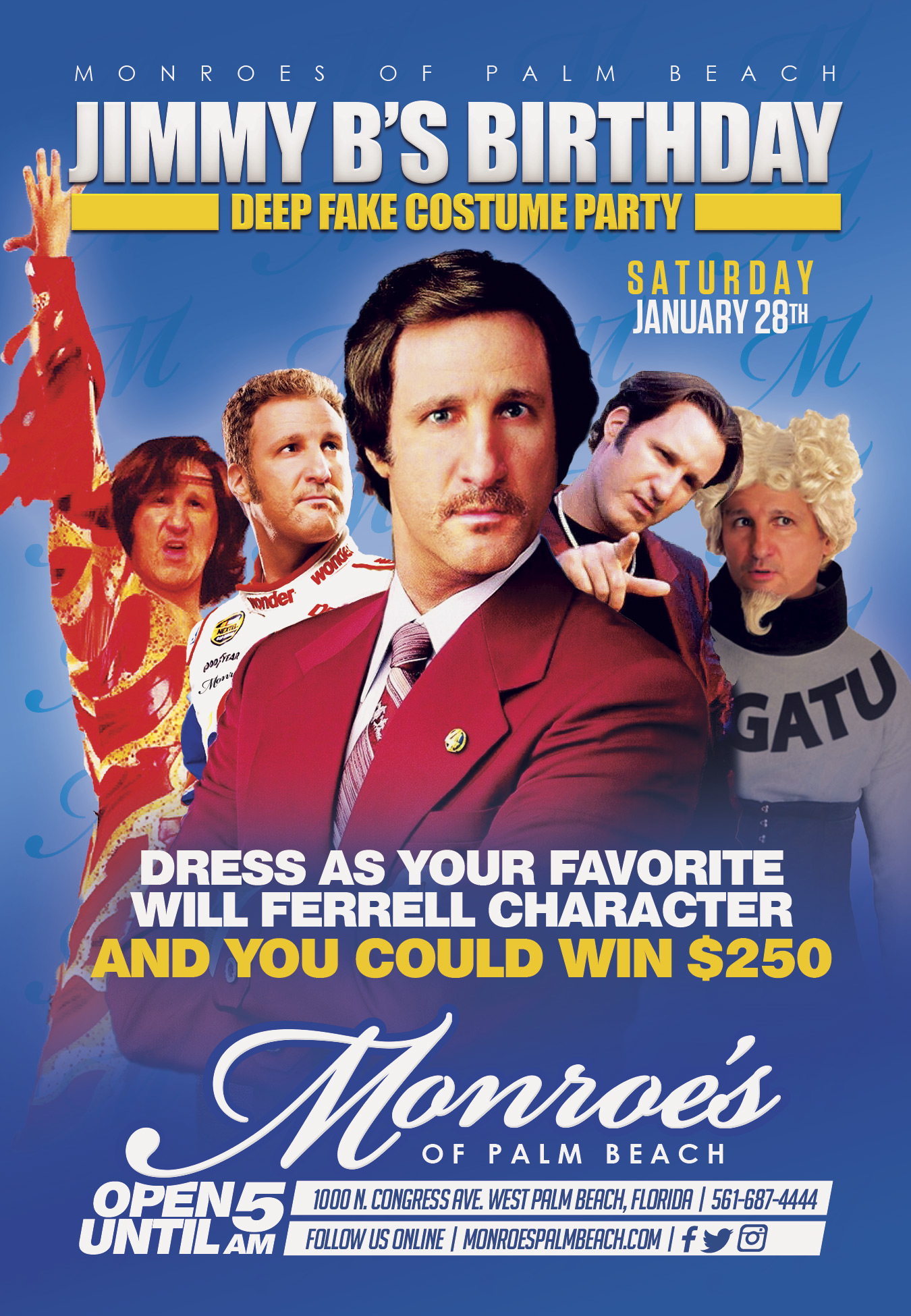 Jimmy B's Will Ferrell Deep Fake Costume Party Jan28th at Monroe's Pal Beach